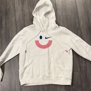 Nike White Hoodie with Red and Blue Smiley Design